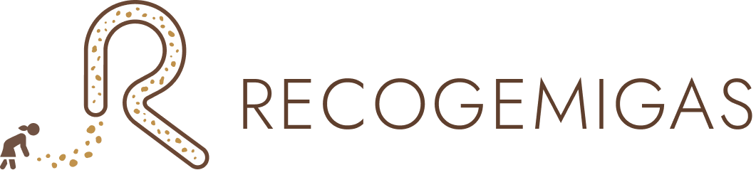 Logotipo del sitio web Recogemigas donde se ve el icono de una mujer siguiendo un rastro de migas que se convierte en una R mayúscula seguido del nombre "Recogemigas"